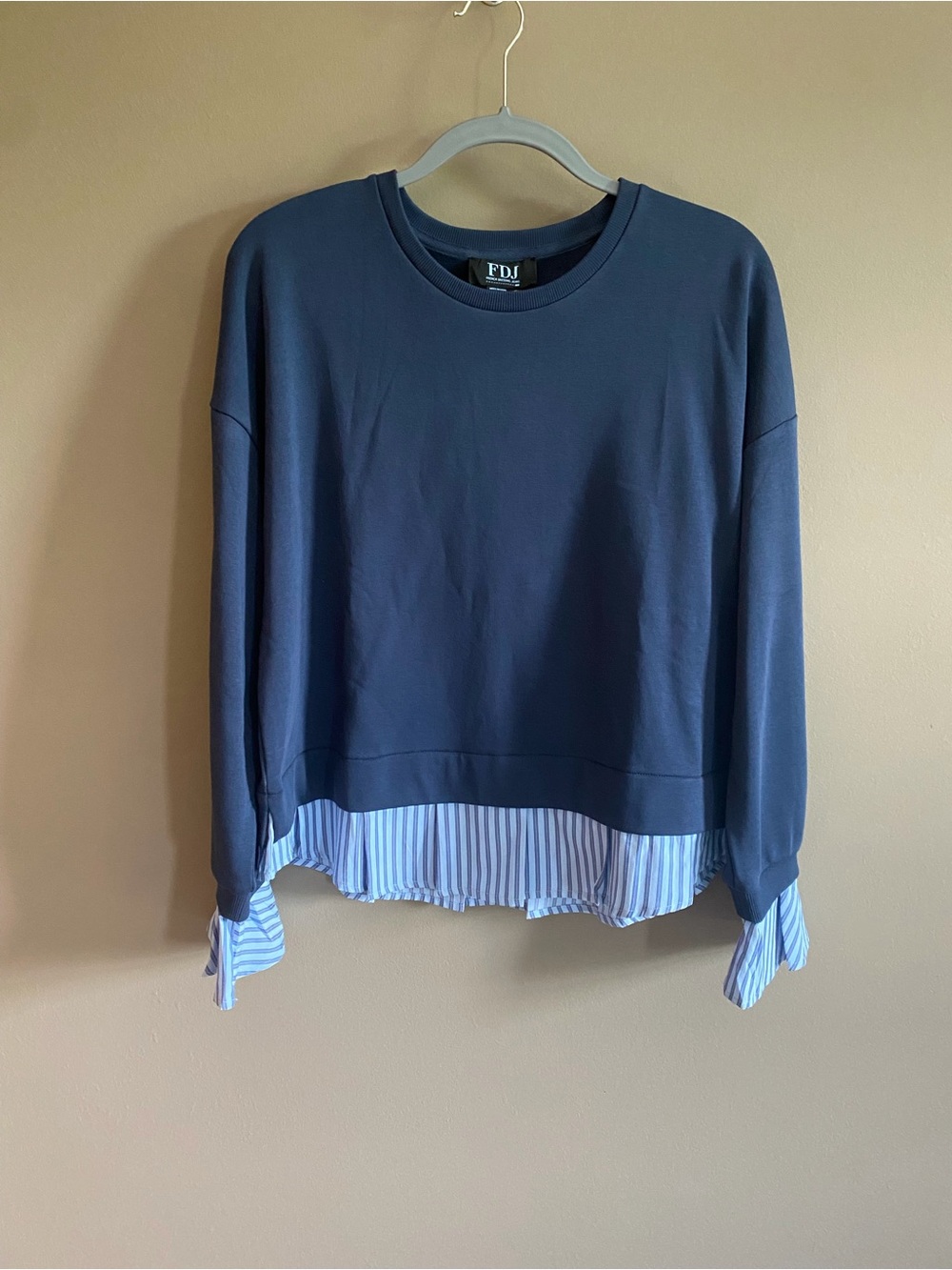 FDJ Navy Mixed-Media Pullover Blouse with Stripe Hem